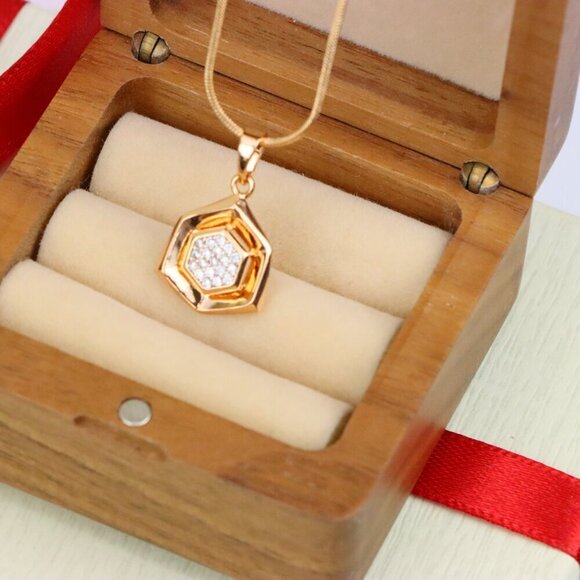 "Geometric Rose Gold Pendant with Crystal Hexagon, XPPT1575 - Picture 6 of 13